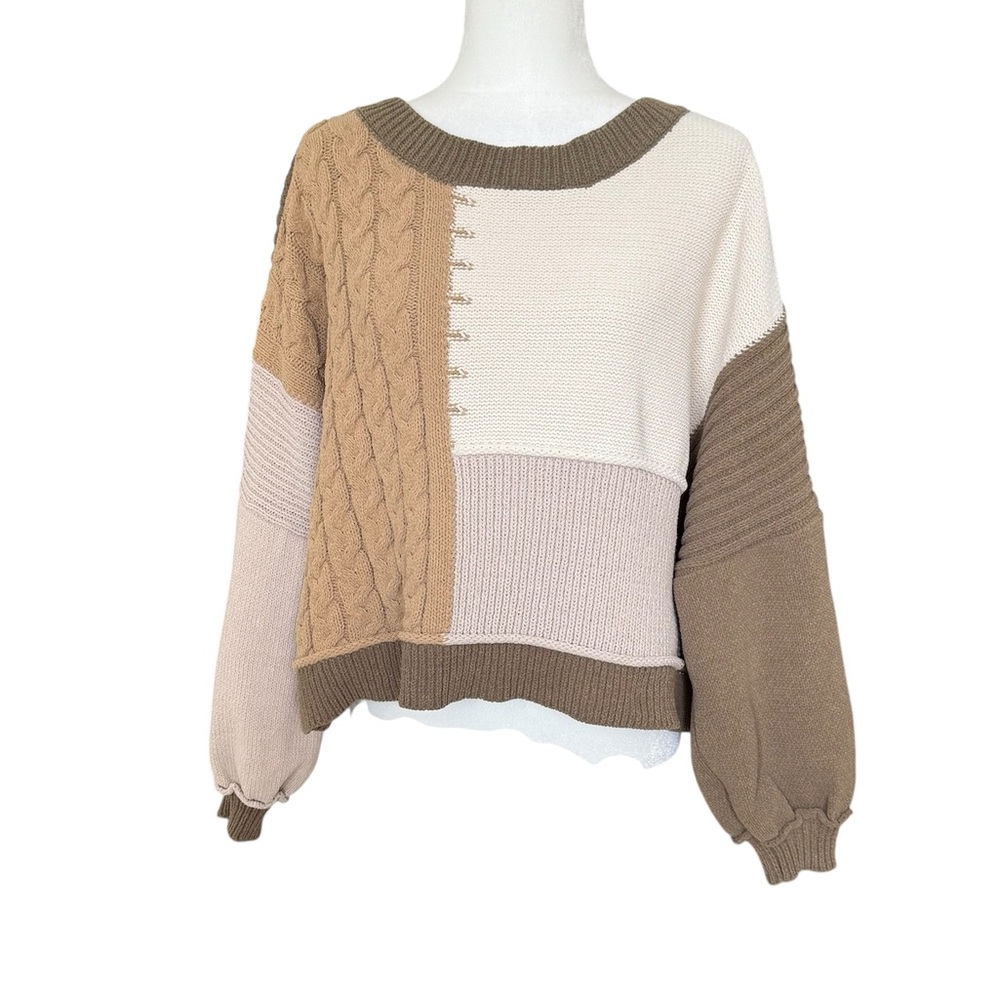 POL Olive, Cream, Tan Oversized Chunky Cable/Mixed Knit LS Sweater Size S
